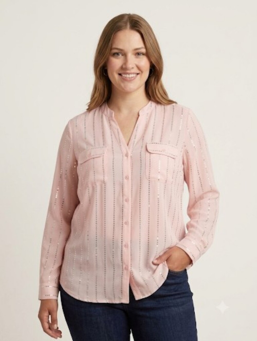 Coral Bay Light Pink Button Down Shirt with Metallic Stripes Sz 3x
